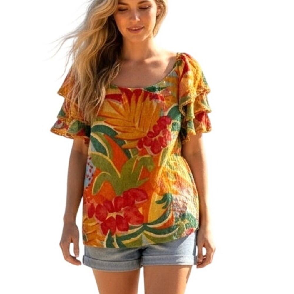 Rachel Rachel Roy Colorful Tropical Top Womens XL Tiered Flutter Sleeve Resort - Picture 1 of 9